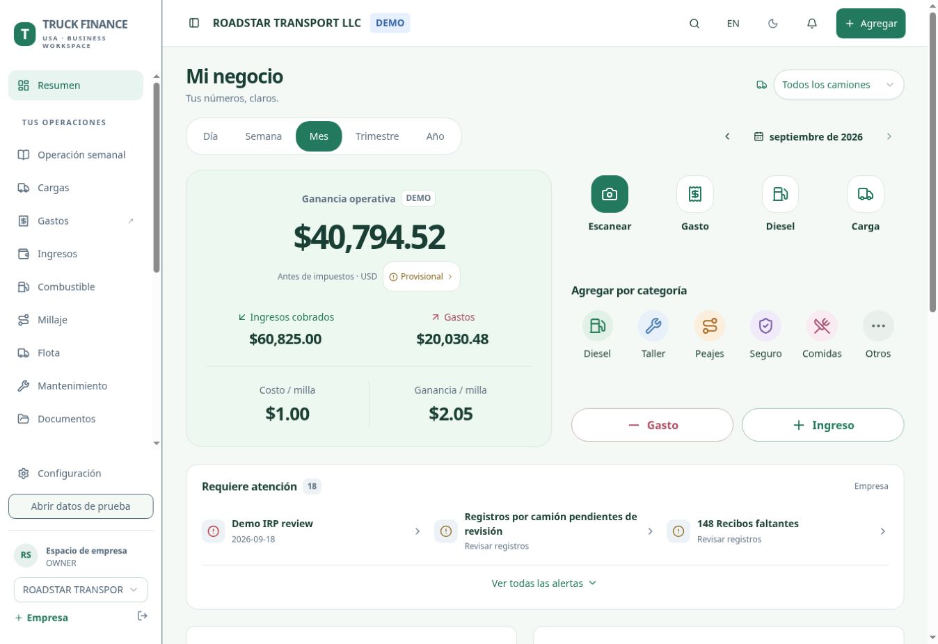 Dashboard real de Truck Finance USA con ingresos, gastos y costo por milla de una empresa demo